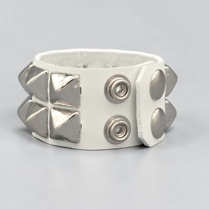 WHITE LEATHER PYRAMID STUDDED LEATHER  SNAP BRACELET
