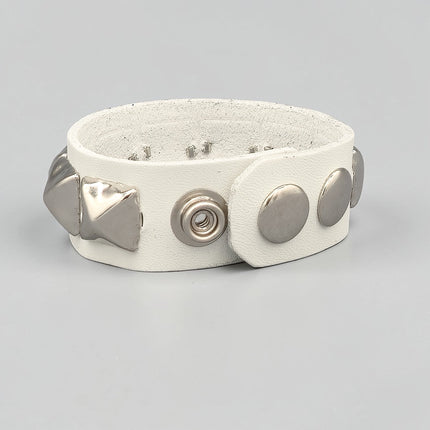 WHITE LEATHER PYRAMID STUDDED LEATHER  SNAP BRACELET