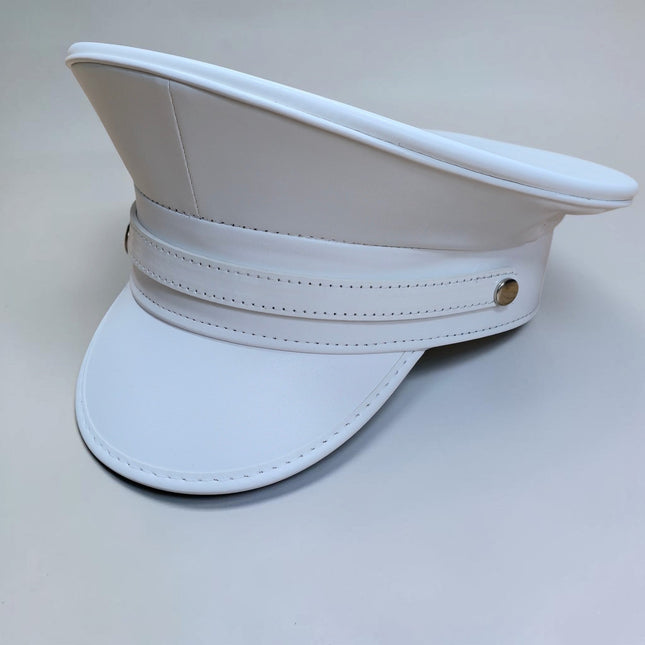 HT202M-WHITE  STRAPPED MATT WHITE VEGAN CAPTAIN HAT
