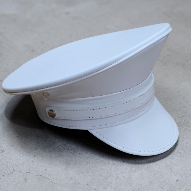HT202M-WHITE  STRAPPED MATT WHITE VEGAN CAPTAIN HAT