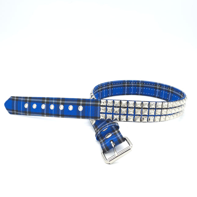 BT104PD-ROYAL BLUE PLAID 3 ROW PYRAMID STUDDED  BELT