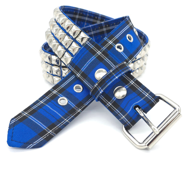 BT104PD-ROYAL BLUE PLAID 3 ROW PYRAMID STUDDED  BELT