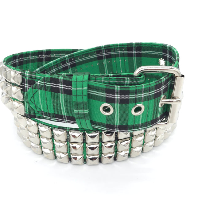 BT104PD-GREEN  PLAID 3 ROW PYRAMID STUDDED  BELT