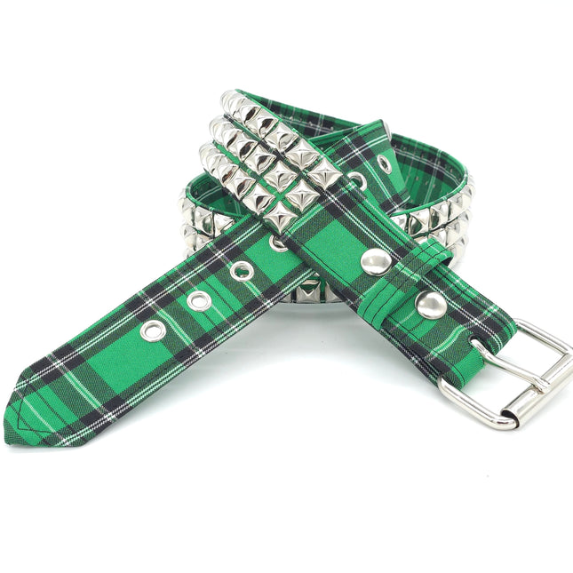 BT104PD-GREEN  PLAID 3 ROW PYRAMID STUDDED  BELT