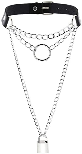 FCK126  TRIPLE CHAIN RING AND LOCK NECKLACE LEATHER
