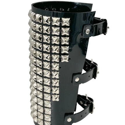 ARM16VN-BLK  PVC SHINY VINYL 1/2" PYRAMID  STUD 15 ROW 9" LONG GAUNTLET