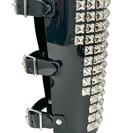 ARM16VN-BLK  PVC SHINY VINYL 1/2" PYRAMID  STUD 15 ROW 9" LONG GAUNTLET