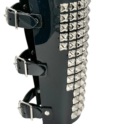 ARM16VN-BLK  PVC SHINY VINYL 1/2" PYRAMID  STUD 15 ROW 9" LONG GAUNTLET