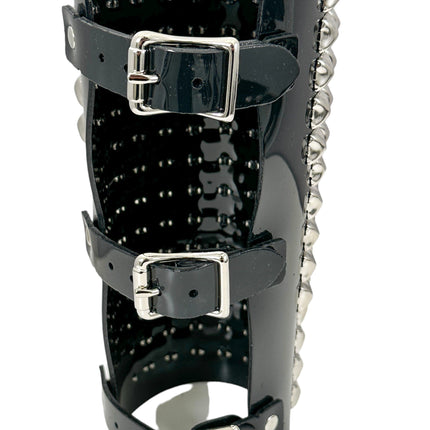 ARM16VN-BLK  PVC SHINY VINYL 1/2" PYRAMID  STUD 15 ROW 9" LONG GAUNTLET