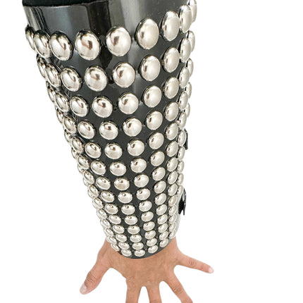 ARM163VN-BLK  PVC SHINY VINYL 1/2" ROUND STUD 15 ROW 9" LONG GAUNTLET