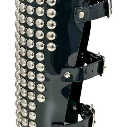 ARM163VN-BLK  PVC SHINY VINYL 1/2" ROUND STUD 15 ROW 9" LONG GAUNTLET