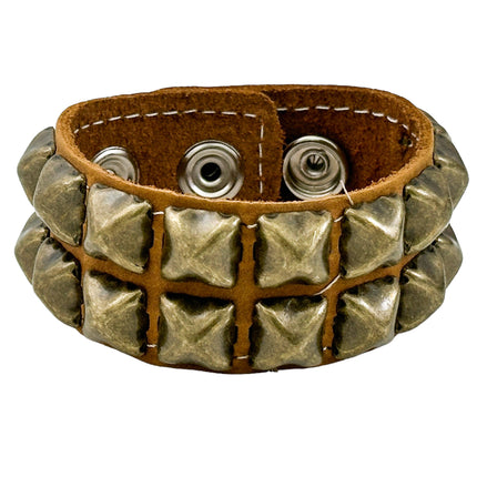BC112CZ  ANTIQUE 2 ROW  PYRAMID STUD BRACELET CRAZY HORSE LEATHER