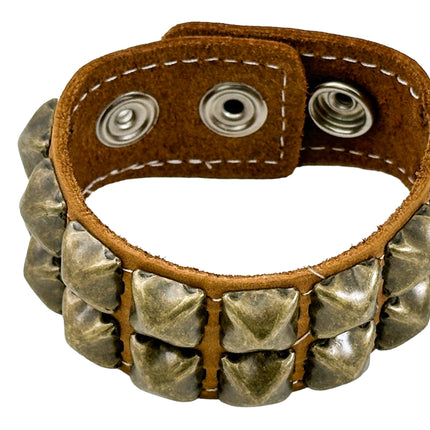 BC112CZ  ANTIQUE 2 ROW  PYRAMID STUD BRACELET CRAZY HORSE LEATHER