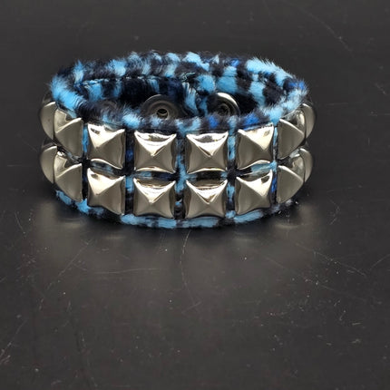 BC112LEOPARD TWO ROW FUZZY LEOPARD  PYRAMID STUDDED BRACELET CUFF