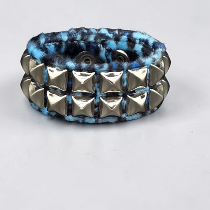 BC112LEOPARD TWO ROW FUZZY LEOPARD  PYRAMID STUDDED BRACELET CUFF