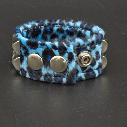 BC112LEOPARD TWO ROW FUZZY LEOPARD  PYRAMID STUDDED BRACELET CUFF