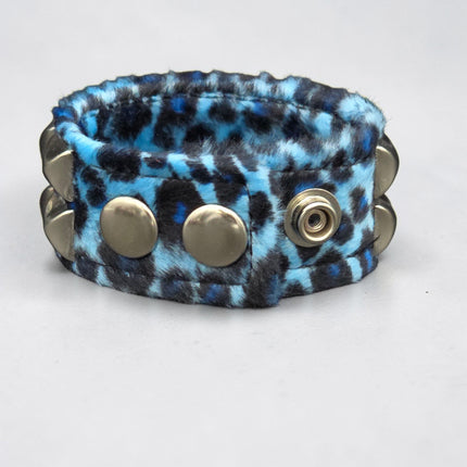 BC112LEOPARD TWO ROW FUZZY LEOPARD  PYRAMID STUDDED BRACELET CUFF