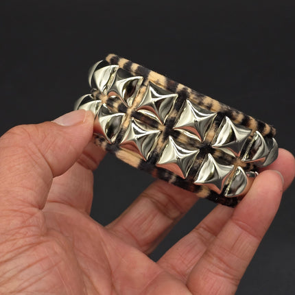 BC112LEOPARD TWO ROW FUZZY LEOPARD  PYRAMID STUDDED BRACELET CUFF