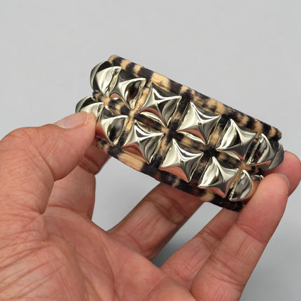 BC112LEOPARD TWO ROW FUZZY LEOPARD  PYRAMID STUDDED BRACELET CUFF