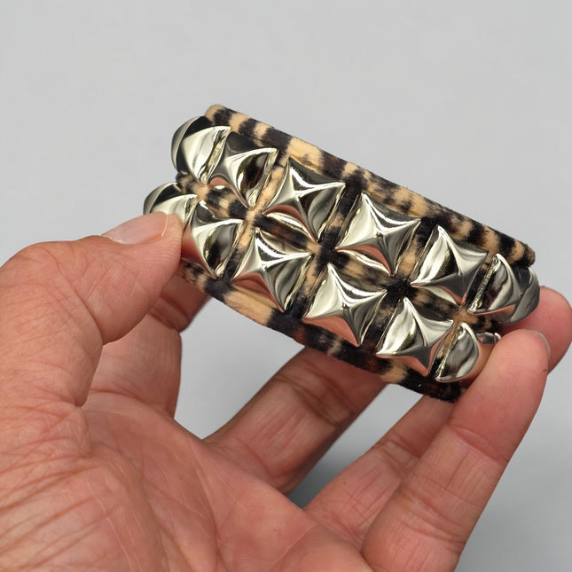 BC112LEOPARD TWO ROW FUZZY LEOPARD  PYRAMID STUDDED BRACELET CUFF