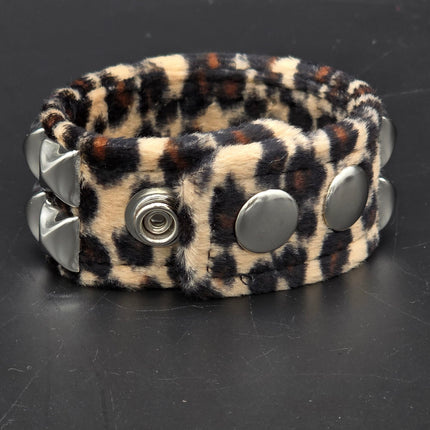 BC112LEOPARD TWO ROW FUZZY LEOPARD  PYRAMID STUDDED BRACELET CUFF
