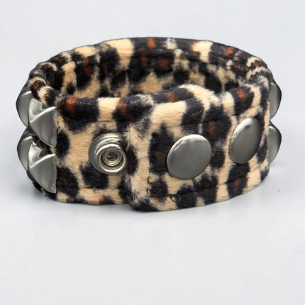 BC112LEOPARD TWO ROW FUZZY LEOPARD  PYRAMID STUDDED BRACELET CUFF