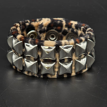 BC112LEOPARD TWO ROW FUZZY LEOPARD  PYRAMID STUDDED BRACELET CUFF
