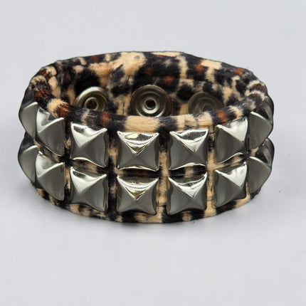 BC112LEOPARD TWO ROW FUZZY LEOPARD  PYRAMID STUDDED BRACELET CUFF