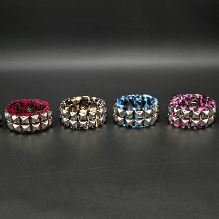 BC112LEOPARD TWO ROW FUZZY LEOPARD  PYRAMID STUDDED BRACELET CUFF