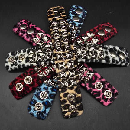 BC112LEOPARD TWO ROW FUZZY LEOPARD  PYRAMID STUDDED BRACELET CUFF