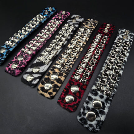 BC112LEOPARD TWO ROW FUZZY LEOPARD  PYRAMID STUDDED BRACELET CUFF