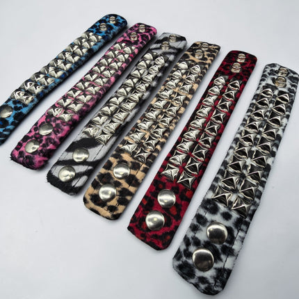 BC112LEOPARD TWO ROW FUZZY LEOPARD  PYRAMID STUDDED BRACELET CUFF