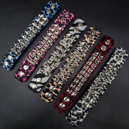 BC112LEOPARD TWO ROW FUZZY LEOPARD  PYRAMID STUDDED BRACELET CUFF