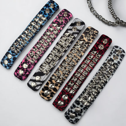BC112LEOPARD TWO ROW FUZZY LEOPARD  PYRAMID STUDDED BRACELET CUFF