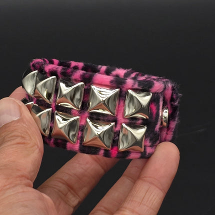BC112LEOPARD TWO ROW FUZZY LEOPARD  PYRAMID STUDDED BRACELET CUFF