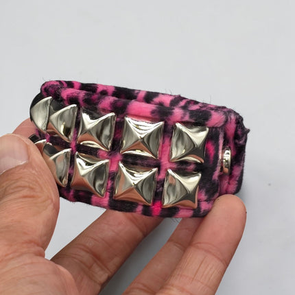 BC112LEOPARD TWO ROW FUZZY LEOPARD  PYRAMID STUDDED BRACELET CUFF