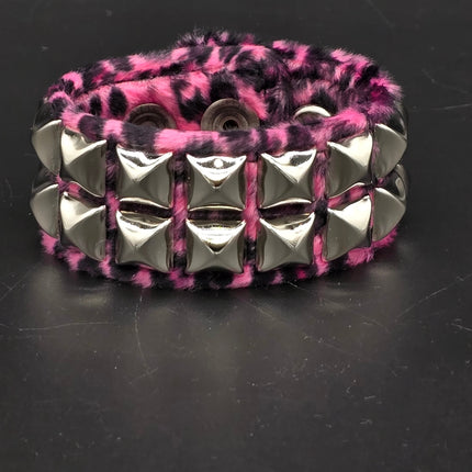 BC112LEOPARD TWO ROW FUZZY LEOPARD  PYRAMID STUDDED BRACELET CUFF