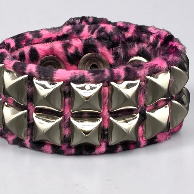 BC112LEOPARD TWO ROW FUZZY LEOPARD  PYRAMID STUDDED BRACELET CUFF