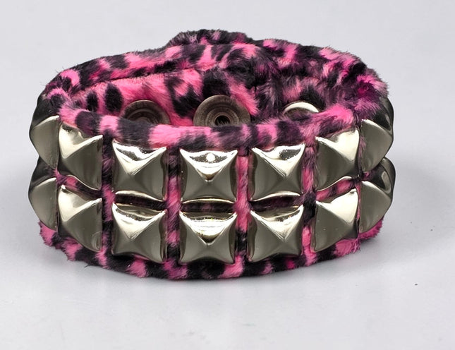 BC112LEOPARD TWO ROW FUZZY LEOPARD  PYRAMID STUDDED BRACELET CUFF