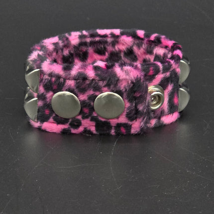 BC112LEOPARD TWO ROW FUZZY LEOPARD  PYRAMID STUDDED BRACELET CUFF