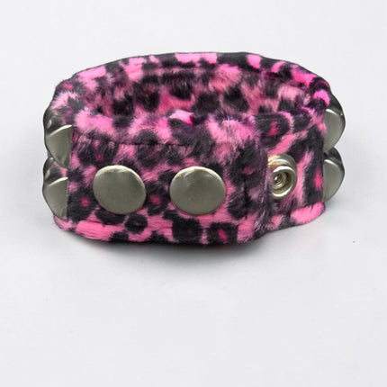 BC112LEOPARD TWO ROW FUZZY LEOPARD  PYRAMID STUDDED BRACELET CUFF