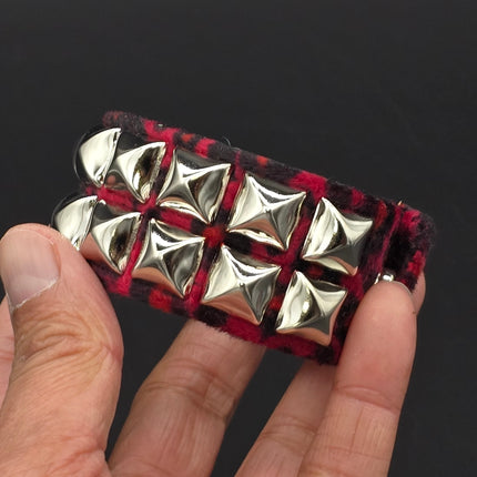 BC112LEOPARD TWO ROW FUZZY LEOPARD  PYRAMID STUDDED BRACELET CUFF