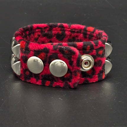 BC112LEOPARD TWO ROW FUZZY LEOPARD  PYRAMID STUDDED BRACELET CUFF