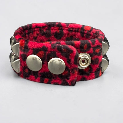 BC112LEOPARD TWO ROW FUZZY LEOPARD  PYRAMID STUDDED BRACELET CUFF