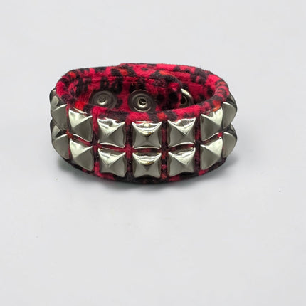 BC112LEOPARD TWO ROW FUZZY LEOPARD  PYRAMID STUDDED BRACELET CUFF