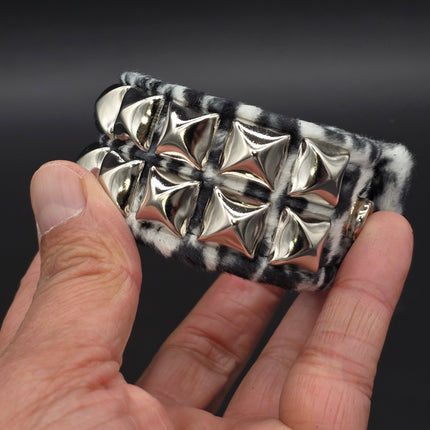 BC112LEOPARD TWO ROW FUZZY LEOPARD  PYRAMID STUDDED BRACELET CUFF