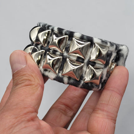 BC112LEOPARD TWO ROW FUZZY LEOPARD  PYRAMID STUDDED BRACELET CUFF