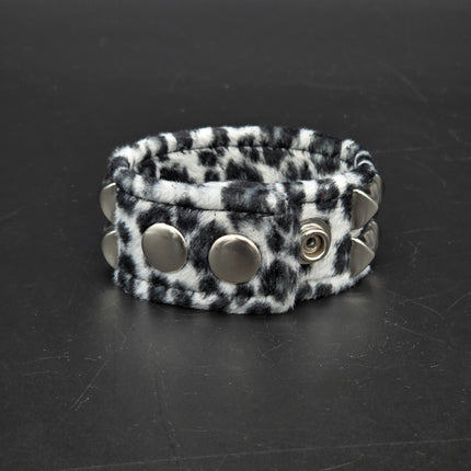 BC112LEOPARD TWO ROW FUZZY LEOPARD  PYRAMID STUDDED BRACELET CUFF