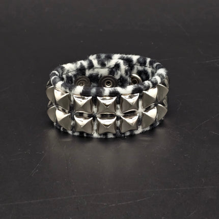 BC112LEOPARD TWO ROW FUZZY LEOPARD  PYRAMID STUDDED BRACELET CUFF