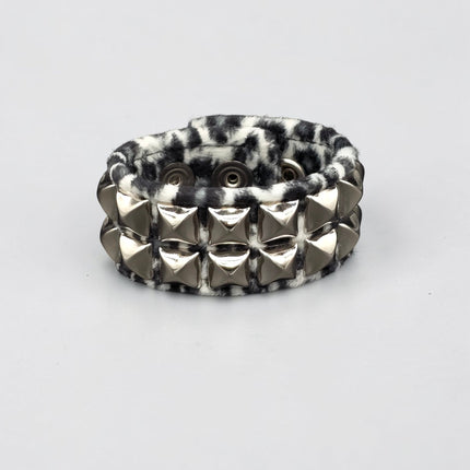 BC112LEOPARD TWO ROW FUZZY LEOPARD  PYRAMID STUDDED BRACELET CUFF